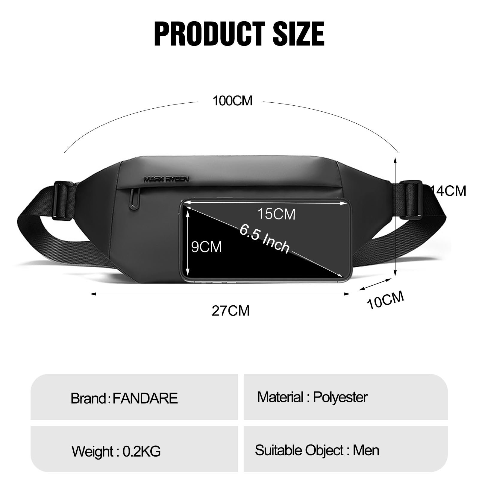 FANDARE Sac Banane Homme Femme étanche Cargo Multipoches Sac Ceinture Banane Polyester avec Poche Avant Sac à Dos Banane Imperméable Légère pour Voyage Randonnée Course Sport Moto Vélo
