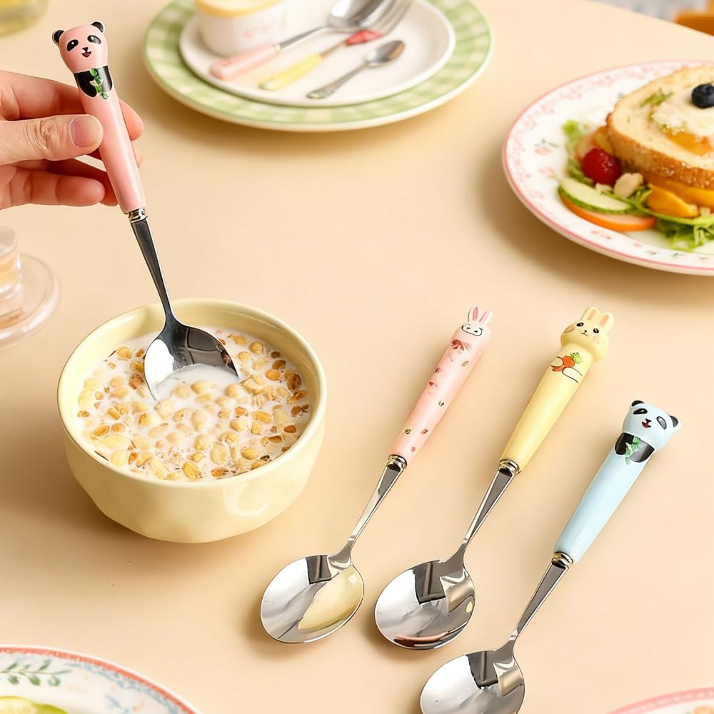 Carino Cartone Animato Ceramica Manico Cucina Acciaio Inox Argenteria Stoviglie Posate Set Bistecca Coltello Forchetta Cucchiaio Cucchiaino