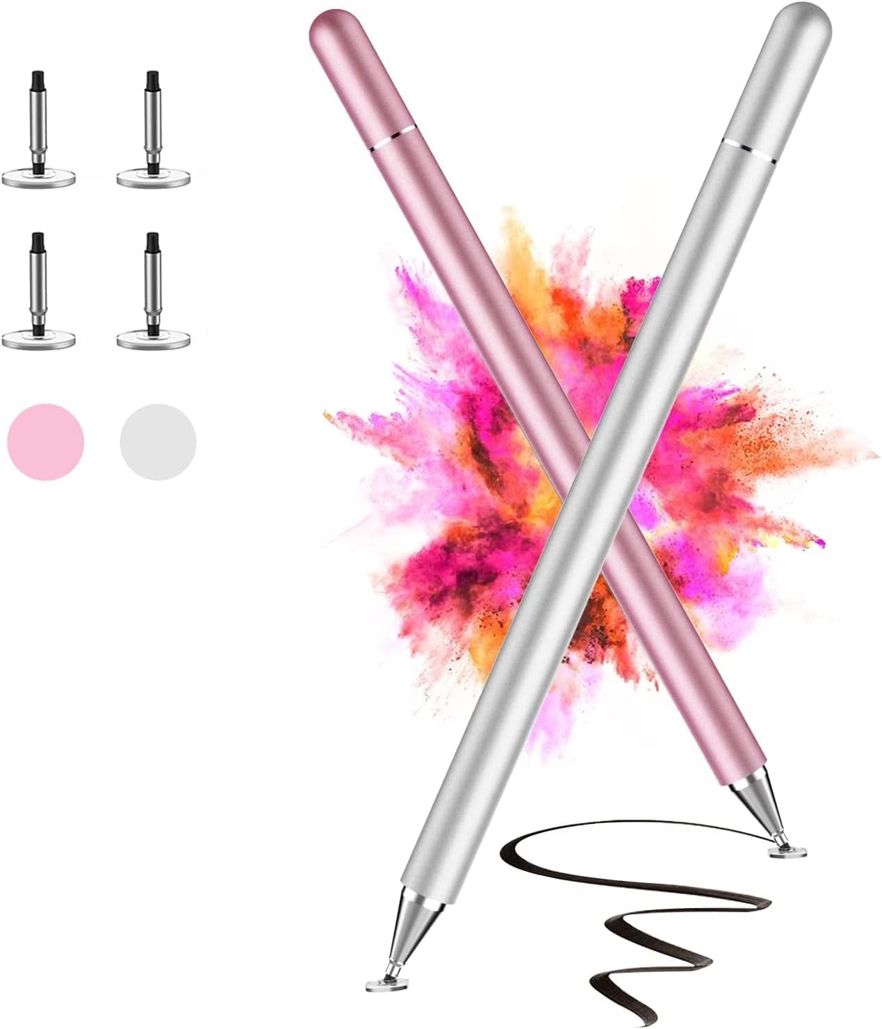 22 Kenkor タッチペン Ipad スタイラスペン 充電不要たっちぺんiphone Android タブレット スマホ 対応 スマートフォン ペン ディスク交換ペン先4個 導電繊維 磁気キャップ アルミ本体 イラスト ゲーム高感度静電式ペン 2本セット 銀 粉 ブランド雑貨総合
