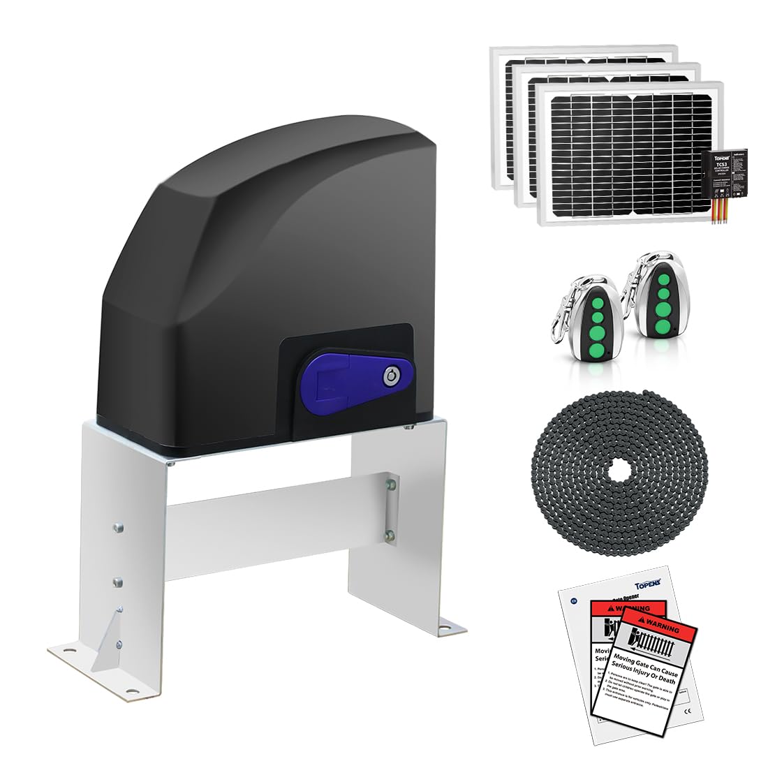 TOPENS DKC500S Solar Sliding Gate Opener Chain Drive Automatic Gate Motor for Heavy Driveway Slide Gates Up to 1300 Pounds, Electric Gate Operator Battery Powered with Solar Panel Remote Control Kit