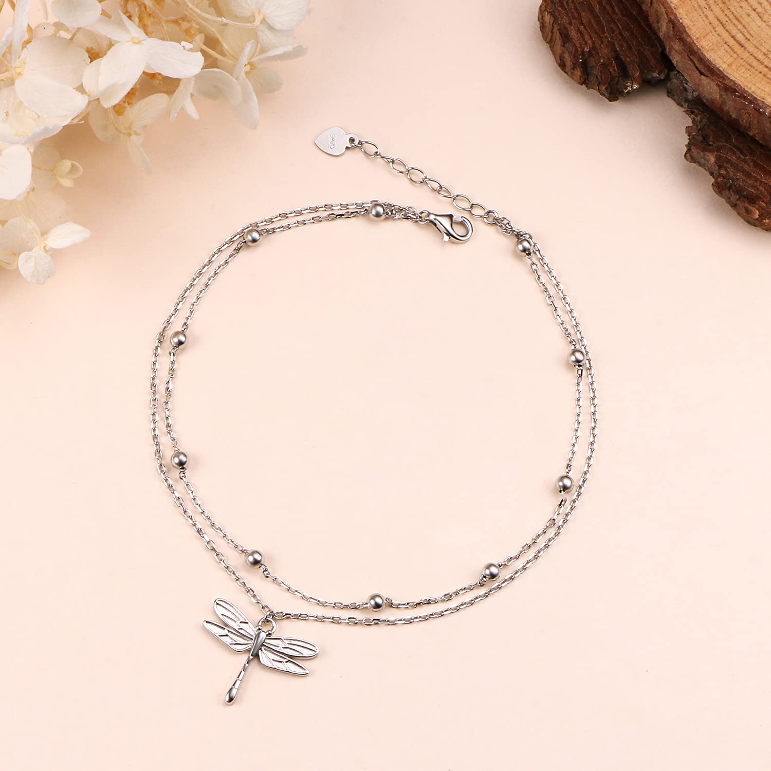 DAOCHONG Libellula farfalla cavigliera S925 argento sterling stratificato carino animali piede perline cavigliere regolabili per gioielli delle donne, Argento sterling