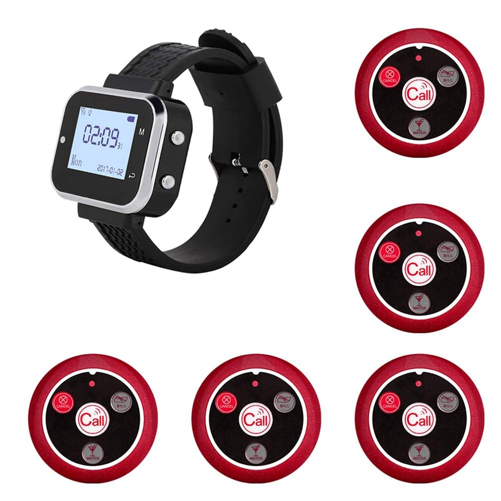 5 pulsanti di chiamata, 1 cercapersone, braccialetto di chiamata wireless per ristorante, trasmettitore cercapersone, servizio barista caffetteria, campanello A