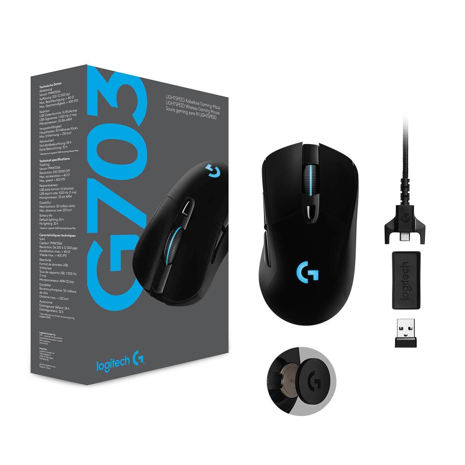 Logitech G703 LIGHTSPEED Souris Gamer sans Fil, 16000 PPP, RVB Gaming, Ultra-Léger, 6 Boutons Programmables, Mémoire Intégrée, Batterie Longue Durée, Compatible avec PC/Mac - Version Allemande - Noire
