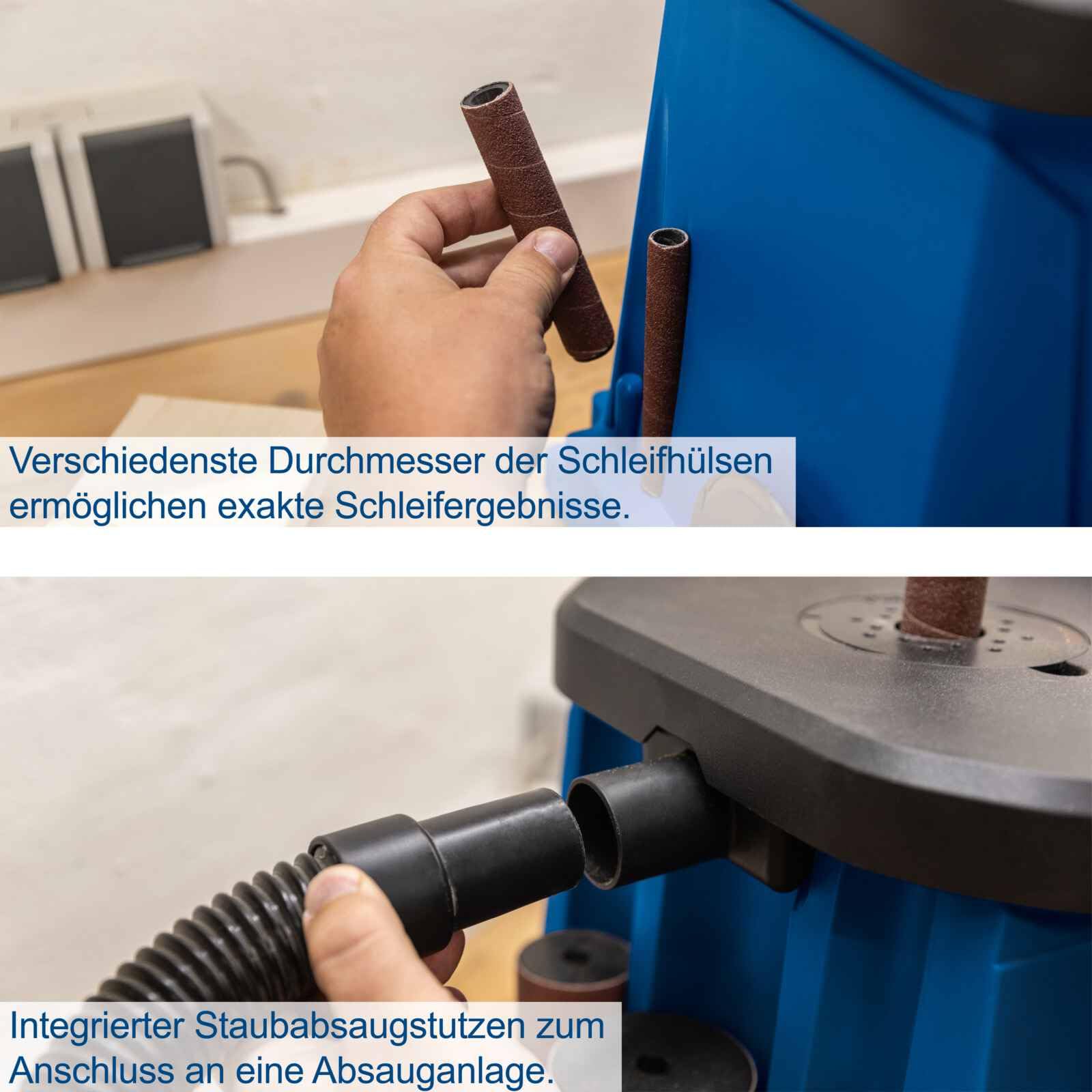 Scheppach Oszillierender Spindelschleifer OSM100 Spindelschleifmaschine mit 6 Schleifhülsen, Walzen & Tischeinlagen | Leistung 450W | Hub 16mm | SpindelØ 12,7mm | Schleifhöhe 98mm | Frequenz 58 min-1