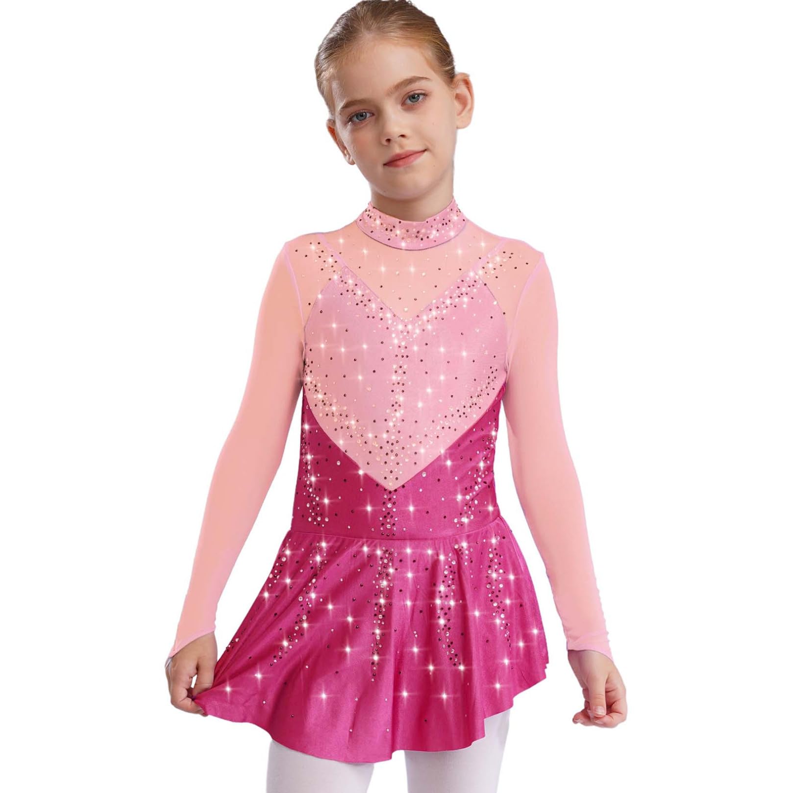 Robe Patinage Artistique Manches Longues Strass Justaucorps Gymnastique Enfant Fille 5-16 Ans