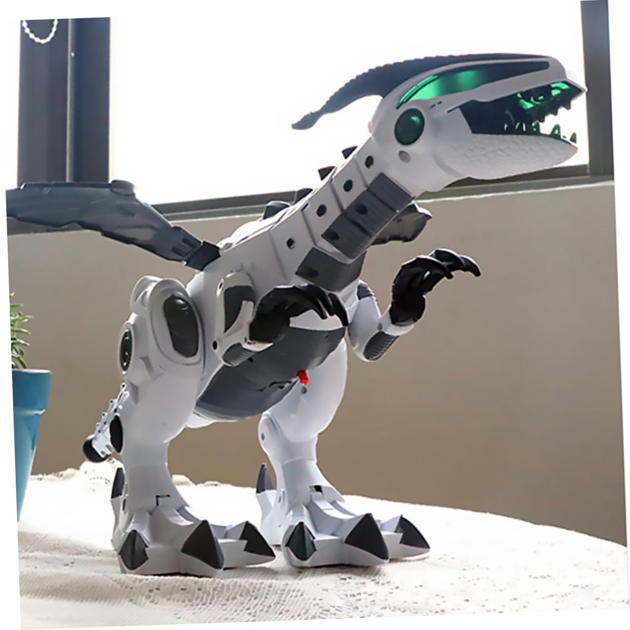 Dinosaurio Mecánico de Escritorio Blanco Resistencia al Desgaste y Óxido, Juguete Eléctrico Creativo Función de Niebla para Exhibición en Casa o Escritorio