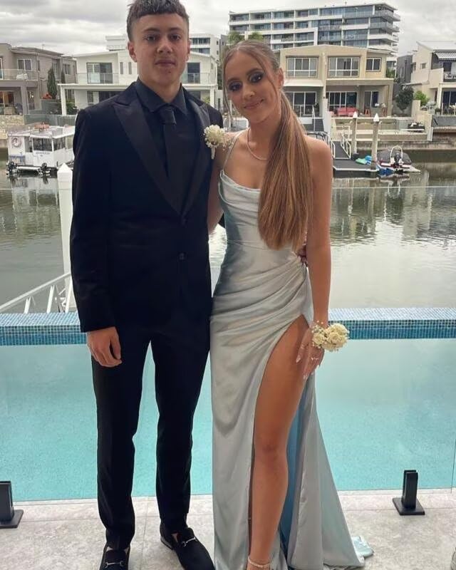 Image of Satin Bridesmaid Dress for Women 2025 Spaghetti Straps Mermaid Prom Dresses with Slit Evening Dresses KN003