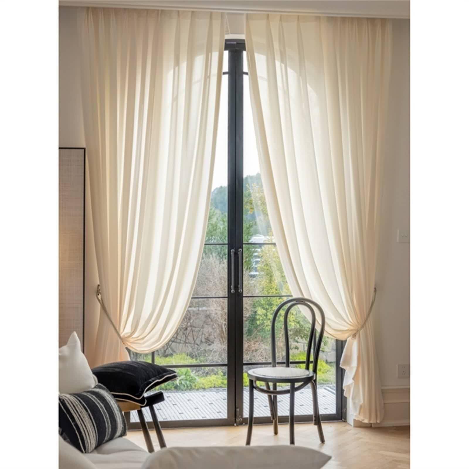 Rideaux Cuisine Beige, Rideau Fenetre Chambre Couleur Unie avec Une Texture Élégante Polyester Voilage 96L x 115H CM Lot de 2