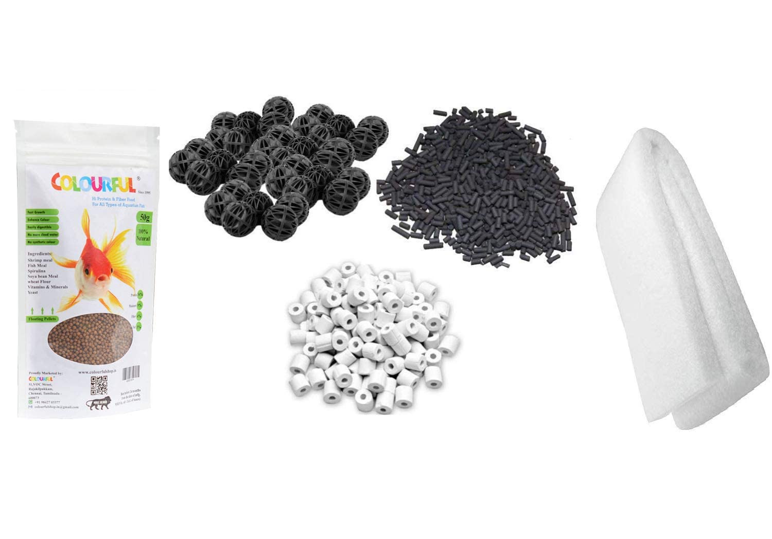 COLOURFUL AQUARIUM Filter Combo Accessories Kit-500G Activated Carbon,500G Ceramic Rings,30 Bio Balls(36Mm),1 White Sponge And 50G Hi Protein Fish Food(Combo-4) (B0BNVK8SC2) Amazon Price History, Amazon Price Tracker