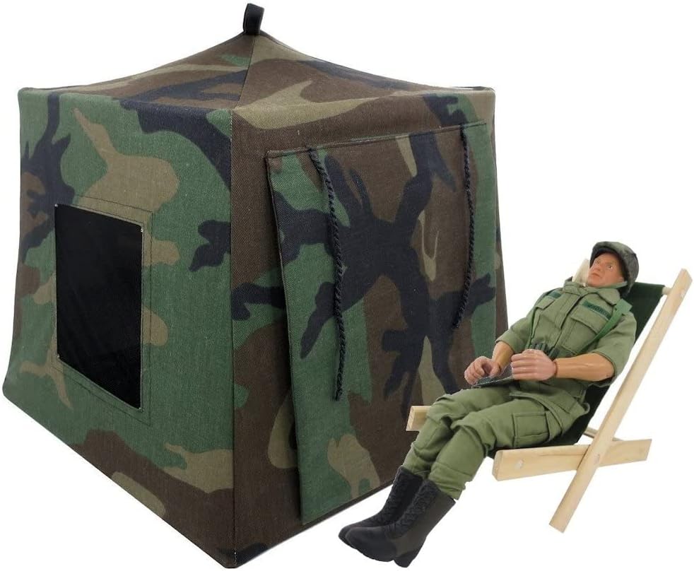 Toy Play Pop Up Tent, 2 Sleeping Bags (Choice of Color), Green Black and Brown Camouflage Print Fabric for Stuffed Animals, Action Figures, Dolls (Black Sleeping Bags)