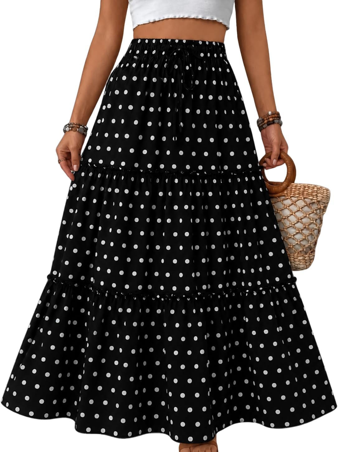 9-16Y Girls Maxi Skirt High Waist Pleated Ruffle Flowy Polka Dots Long Skirts