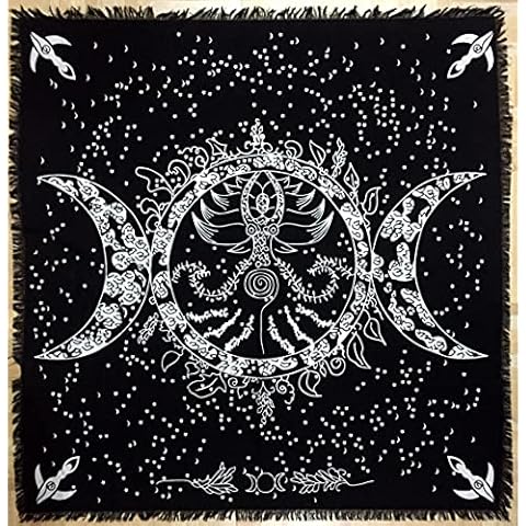 INDIAN CONSIGNERS Altar Cloth Triple Moon Goddess Silver Witchcraft Alter Tarot Spread Top Cloth Wiccan Square Spiritual 36 by 36 sacred cloth (Triple Moon Goddess Silver Gold Silver) Cover