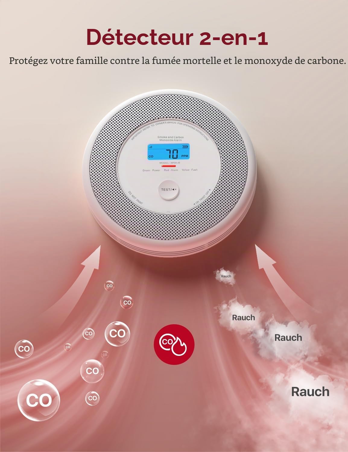 X-Sense XP0A-iR Détecteur de fumée et de monoxyde de carbone avec alarme vocale et annonce de localisation, Wi-Fi combiné pour 17 pièces définissables, compatible avec l'application de sécurité