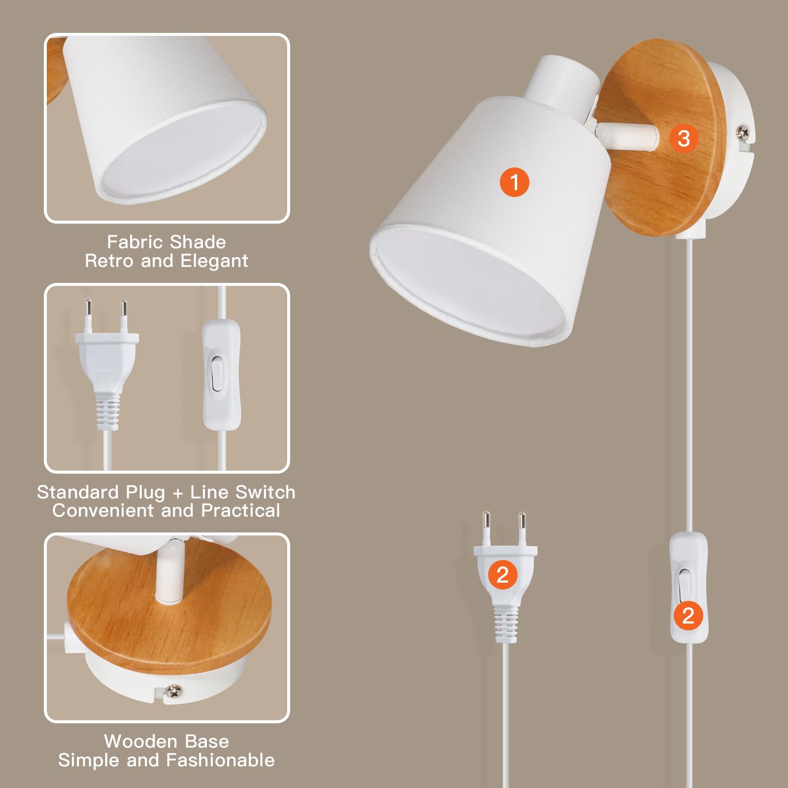 Ketom 2 stuks E14 wandlamp voor binnen, wit, rond, wandlamp met schakelaar en stekker, hout, vintage wandspot, verstelbare stof, wandlampen voor woonkamer, slaapkamer, zonder lamp