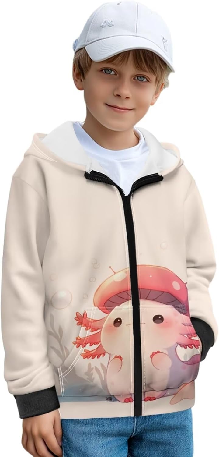 Axolotl Hooded Sweatshirt for Boys Girls Casual Zip Up Hoodie Winter Fall Jacket Clothes with Pockets