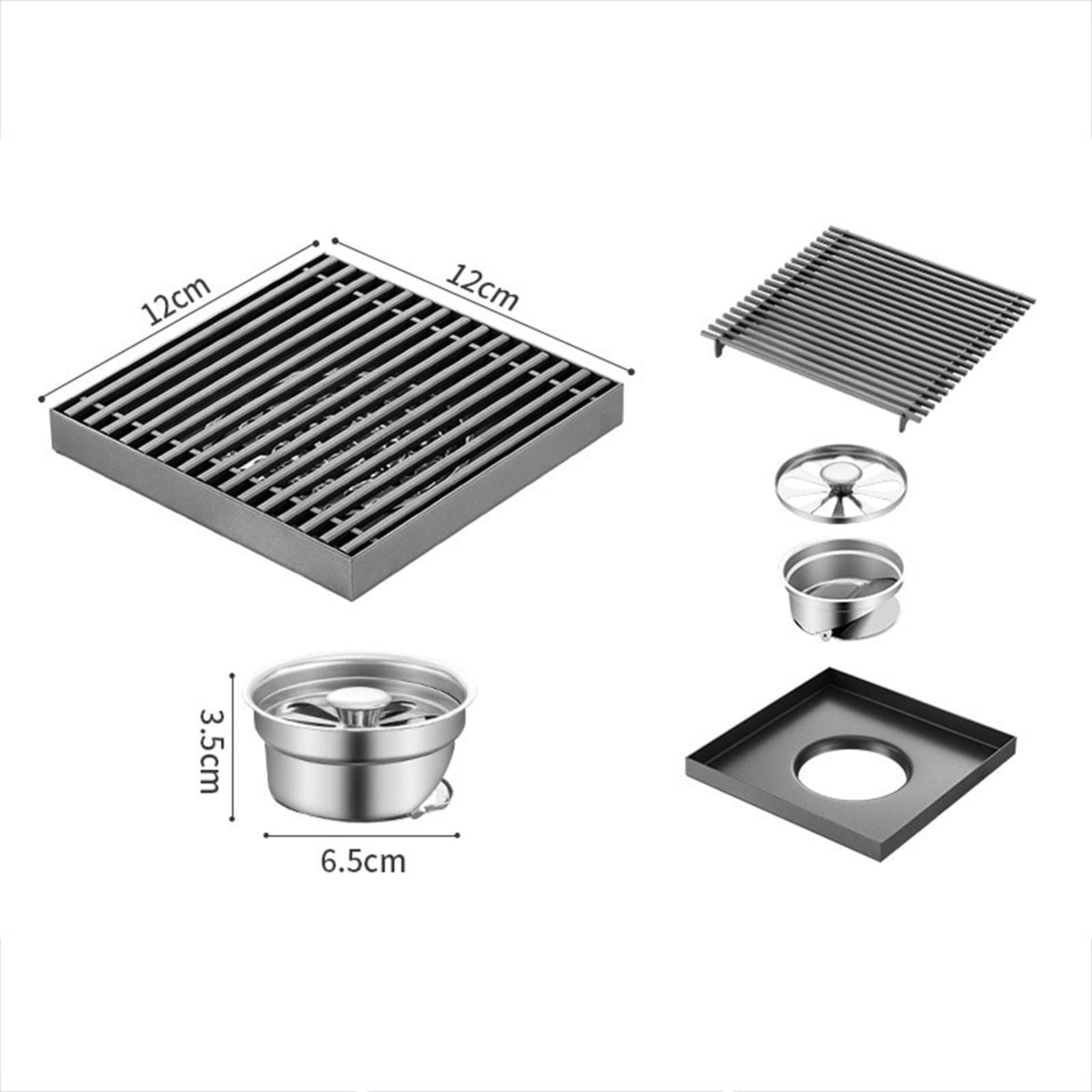 SUS304 Égouttoir de douche carré brossé avec filtre à cheveux et couvercle amovible Gris 12 x 12 cm