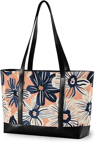 KLL Peach and Navy Blue Flowers essentials computer cases for laptops with zipper carry on tote bag Large Handbag for Pool Gym Grocery Travel with