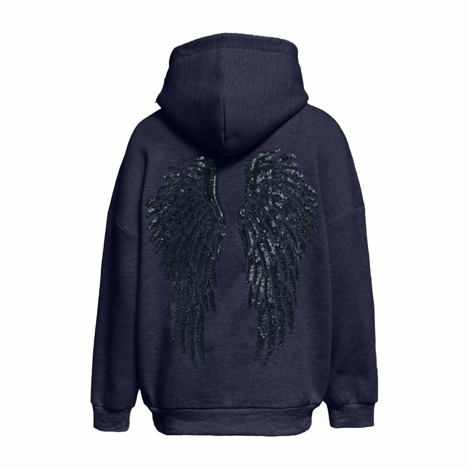 Angel Hoodie Sweat a Capuche Femme avec Ailes d'ange en Strass et Poches Pull Ange Casual Longue Hoodie Femme Automne et Hiver Sweatshirt Chaud Streetwear Sweat Sport Vêtements
