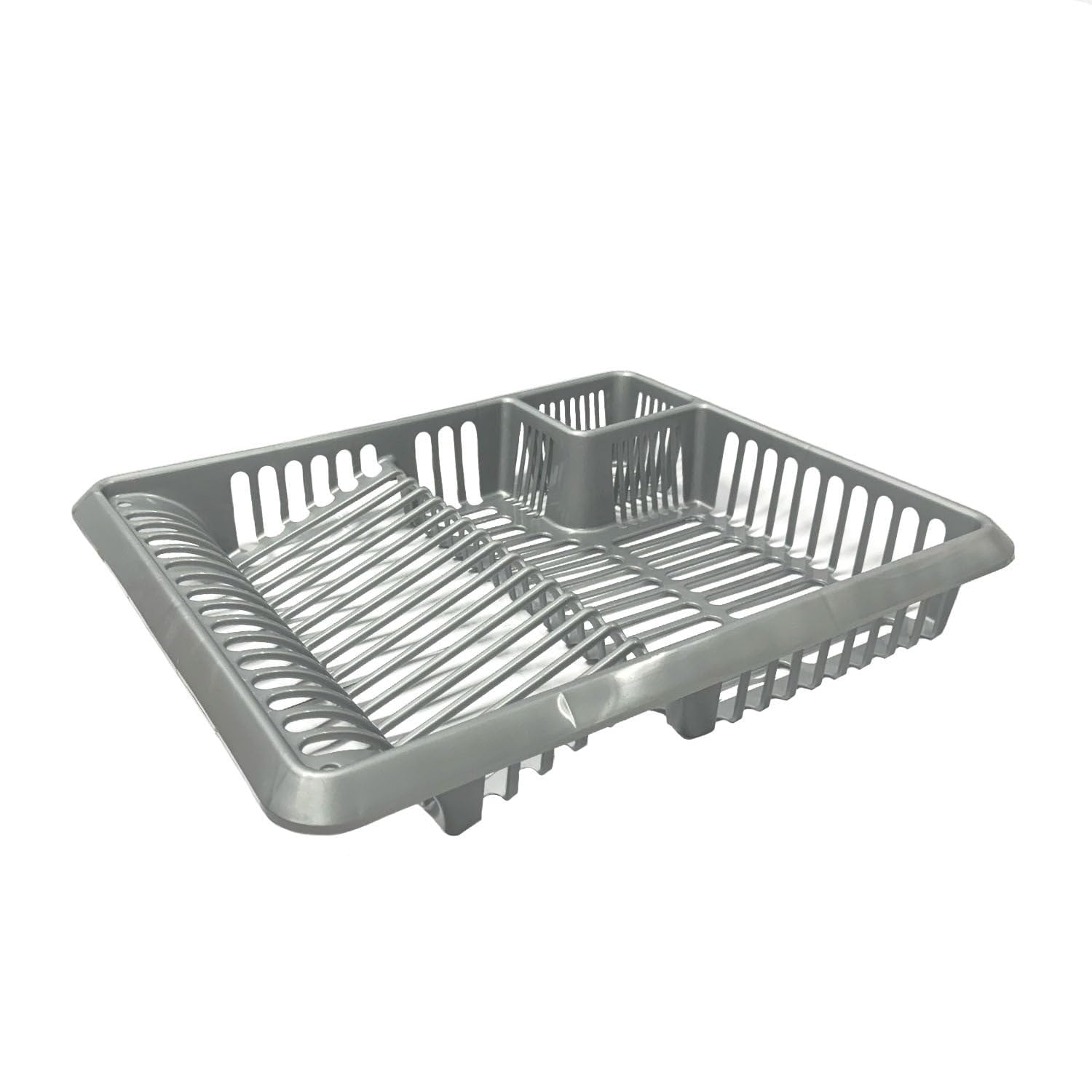 Optimal Products Large Plastic Dish Drainer Kitchen Rack Tidy Plate Cutlery Holder Sink Organiser UK (Silver)