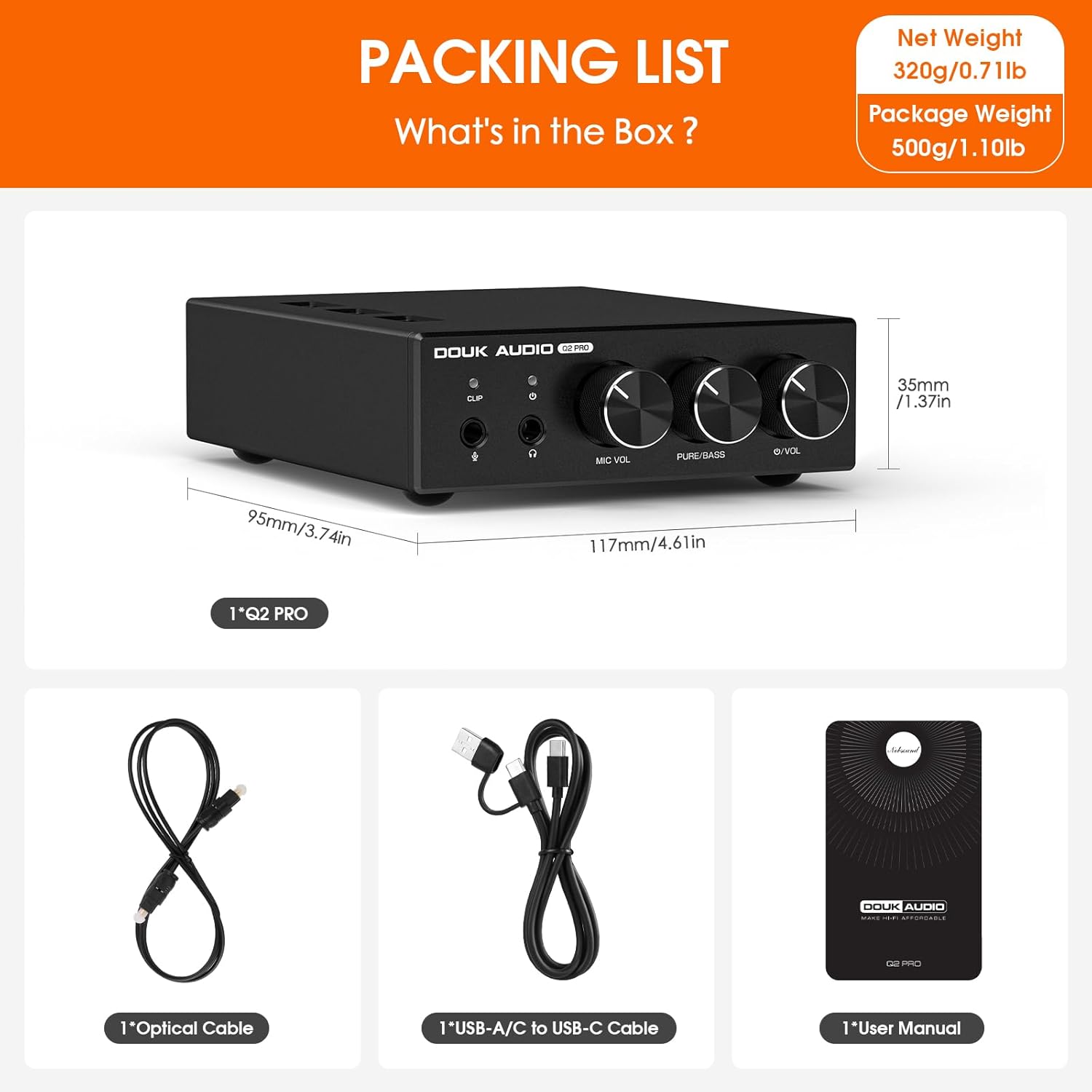 Douk Audio Q2Pro Mini Stereo Gaming DAC with MIC Input, Headphone Amplifier, USB/Optical D/A Converter, 32-Bit/192kHz High-Resolution Audio for PC, PS4, Xbox, Switch