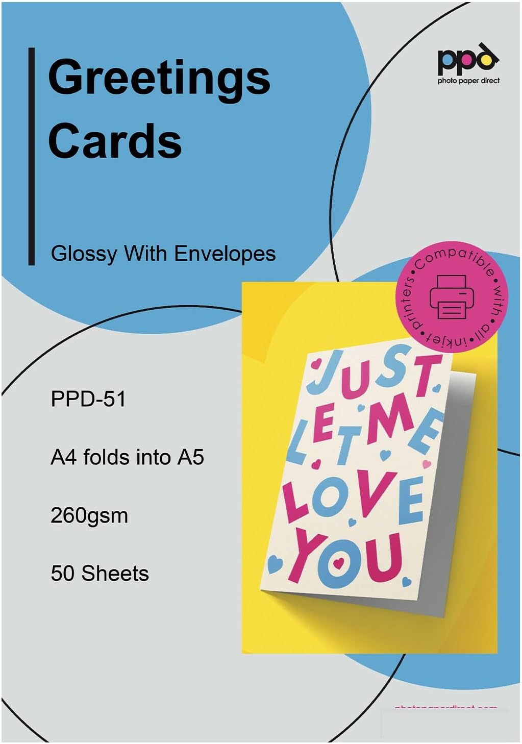 PPD 50 Inkjet Printable Greeting Cards A4 Pre-Scored to A5 260gsm Gloss Inc Envelopes PPD-51-ENV-50