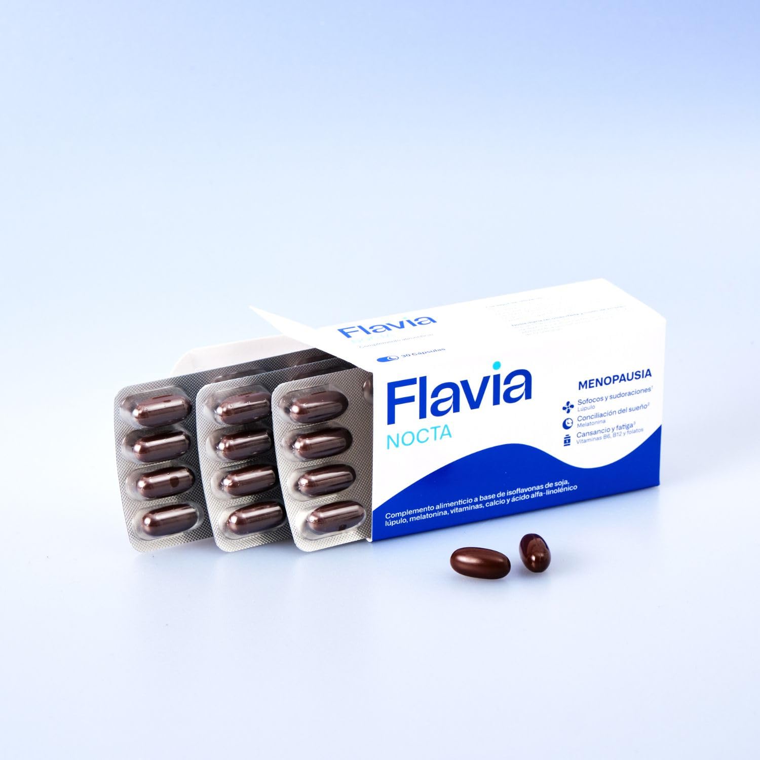 FLAVIA Nocta 30 Comprimidos, Alivia los Síntomas de la Menopausia, con Isoflavonas de Soja y Melatonina, Mejora el Sueño, Bienestar de los Huesos, Disminuye Cansancio y Fatiga, con Estudios Clínicos