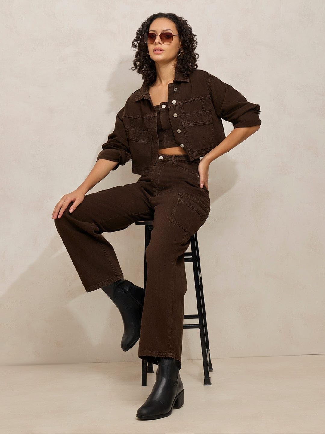 SHOWOFFFF Edition Women's Brown Denim Co-ords Set with Crop Jacket-IM-11614-15-13_Brown_M 4