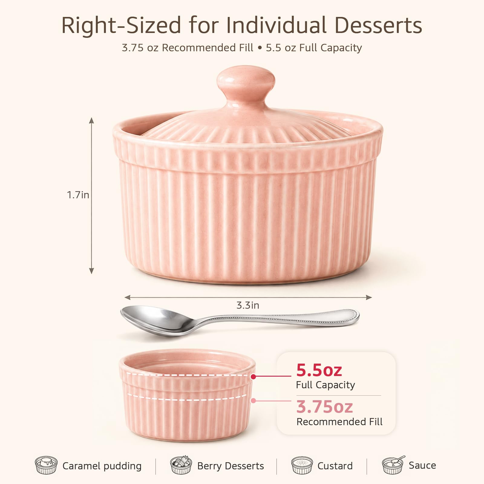 Meltset - Ramequines de 5.5 onzas con tapas, cuencos de cerámica aptos para horno, platos de porcelana para hornear soufflé, crema brulee, pastel de lava, postres de helado, aperitivos (juego de 5)