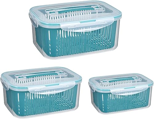 3 cajas de almacenamiento apilables para refrigerador con tapas a prueba de fugas y cestas de drenaje internas, escurridor multifuncional de