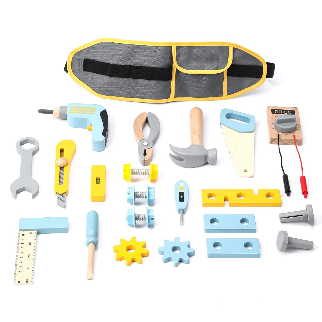umu® Juego de Herramientas de Madera para niños con Taladro, Sierra, Tornillos, etc., Cinturón de Herramientas para Juegos de imitación, Juguete de Madera de 25 pzas. para niños de 3, 4, 5 años