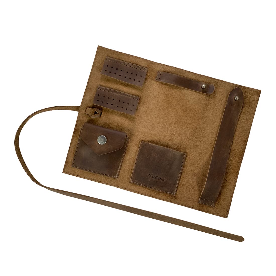 Heather'sHeather's, Rustic Jewelry Roll Handmade from Full Grain Leather - Portable Organizer Pouch for Necklaces, Earrings, and Bracelets - Bride & Groom Precious Articles Storage - Bourbon Brown