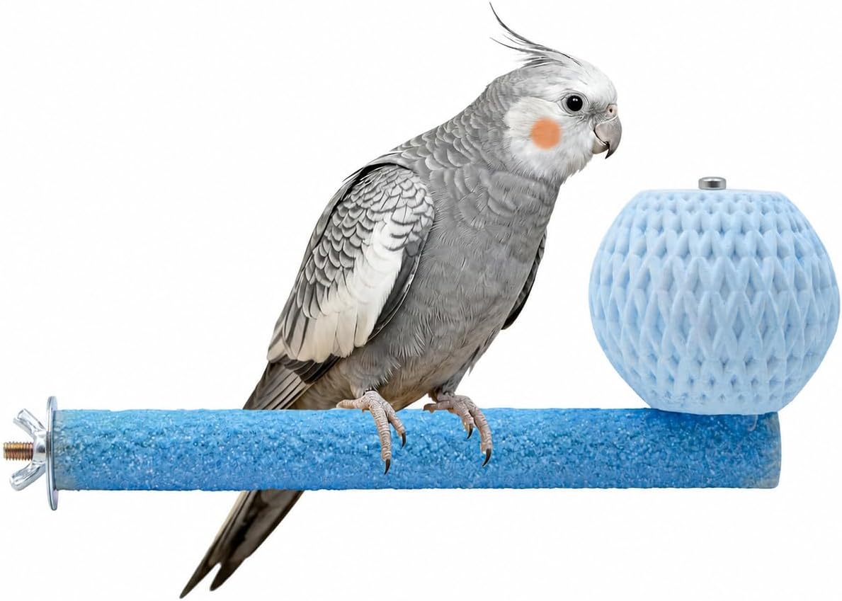 2-in-1 Bird Perch Stand with Rotating Beak Grinding Stone Ball, Rough Surface Wood Parrot Paw Grinding Stick, Cage Chew Toy Accessories for Budgies, Parakeets, Cockatiels, Conures, Lovebirds (Blue)