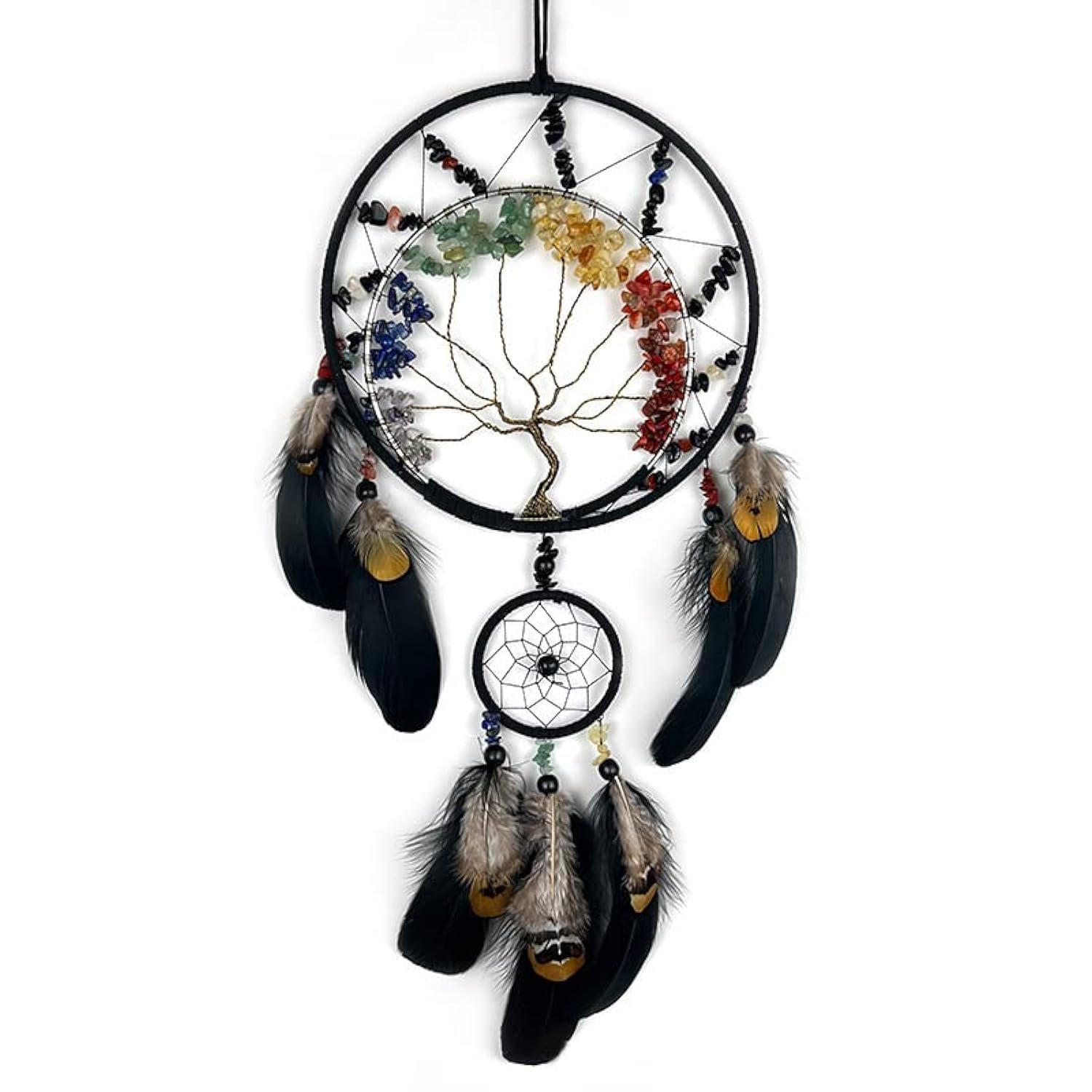 7 Chakras Black Tree of Life Dream Catchers Wall Decor with Rainbow Healing Crystal Stone Handmade Art Feather Dreamcatcher Wall Hanging Ornament for