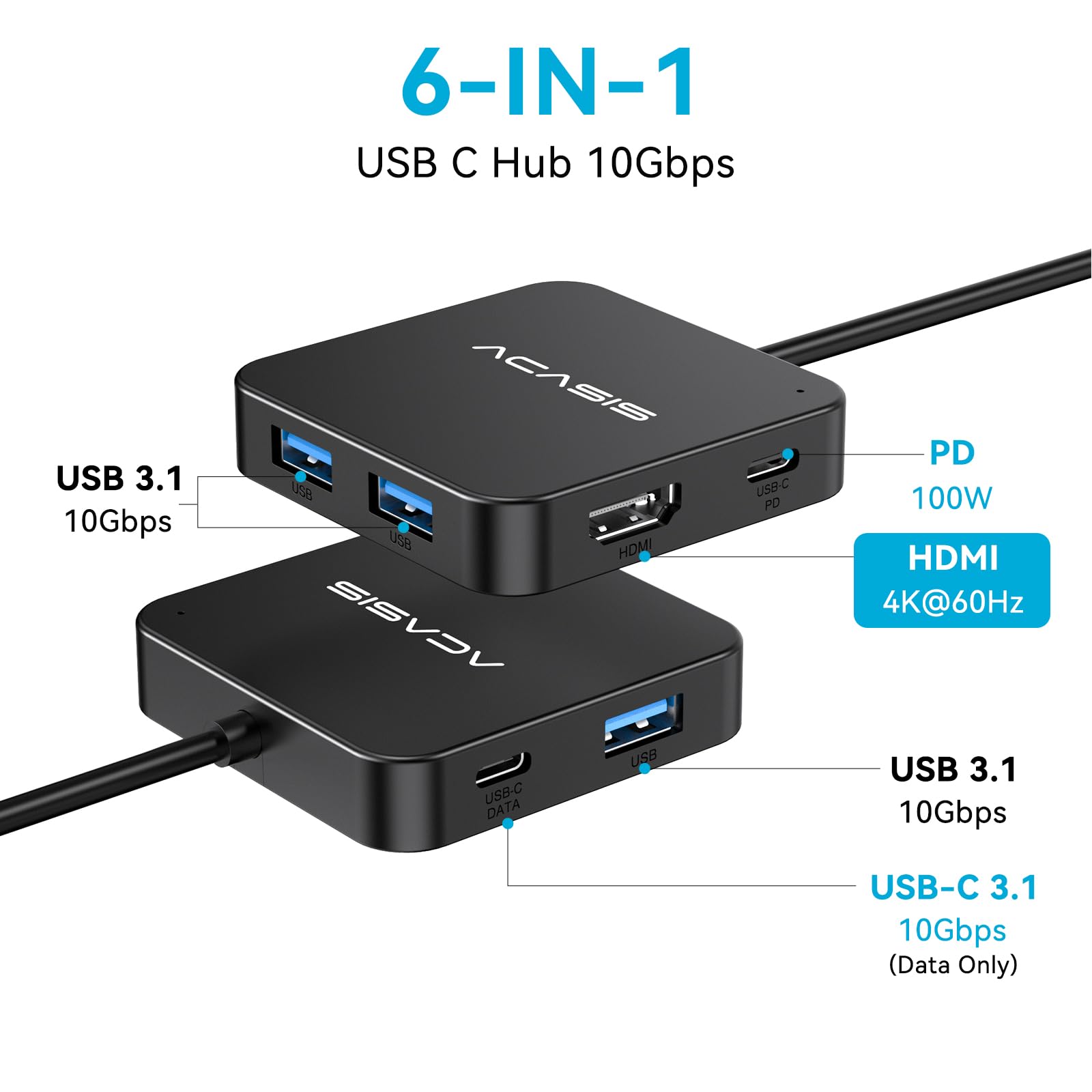 ACASIS 10Gbps Hub USB C HDMI 4K 60Hz, 6 in1 Adattatore Type C 3.1 PD 100W Carica Docking Station usb c Compatibile con MacBook Pro Air M1 M2 M3, iPad, iPhone 16 Pro Max, Galaxy S24