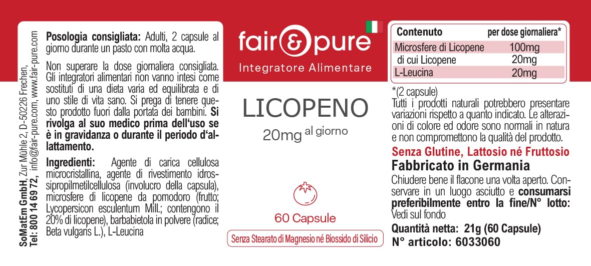 Fair & Pure Lycopène 20 mg, 60 gélules, caroténoïde issu d'extrait de tomate, complément alimentaire végétalien sans additifs, fabriqué en Allemagne