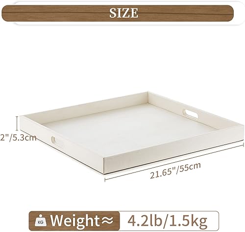 Miniatura 5 de Hanobe Bandeja otomana cuadrada grande bandeja blanca extra grande para otomanos, bandeja decorativa de cuero grande con asas para mesa de café,