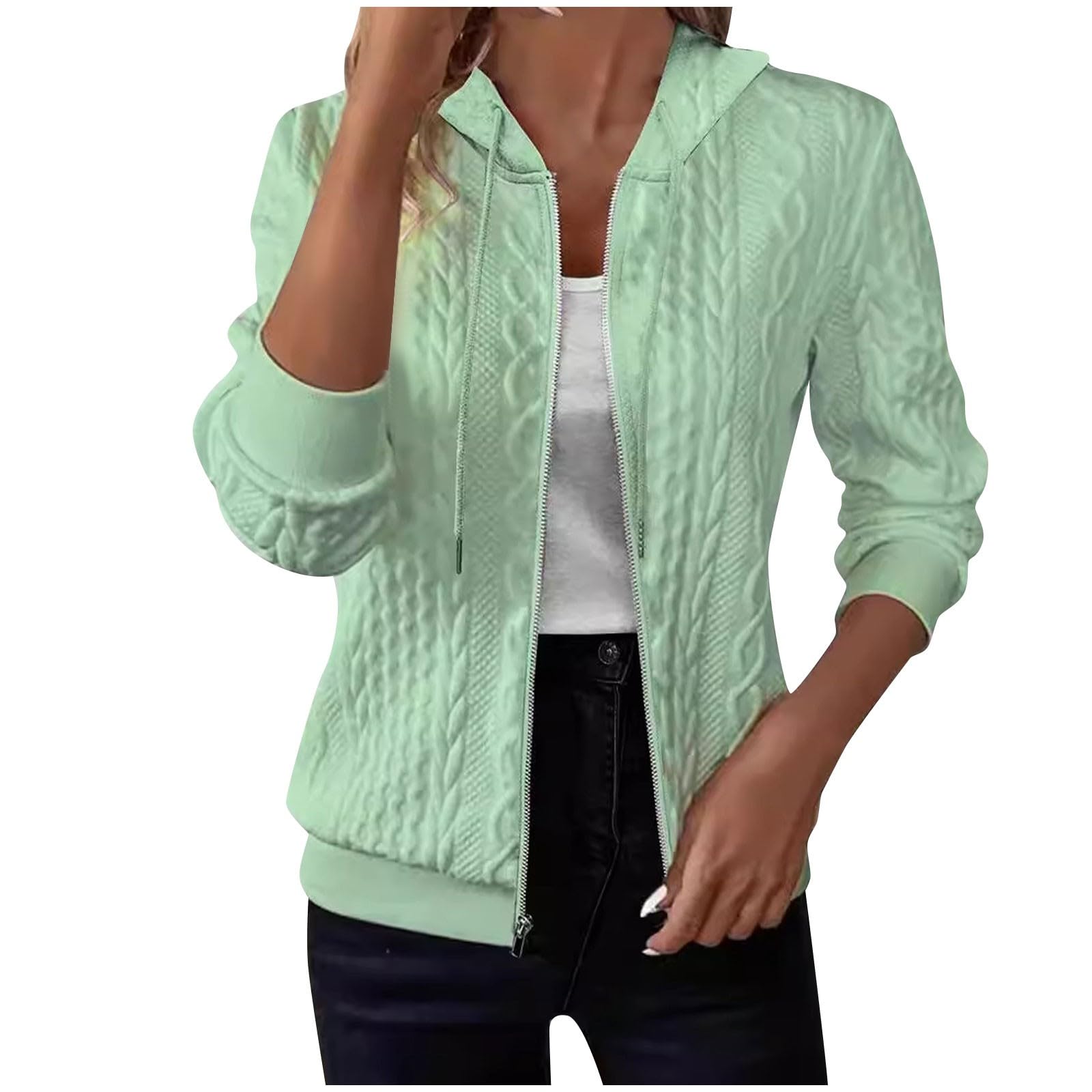 Xiaojmake Womens Zip Up Cardigan Sweater Cable Knit Hoodie Long Sleeve Jackets Textured Knit Outwear Drawstring Sweatshirts