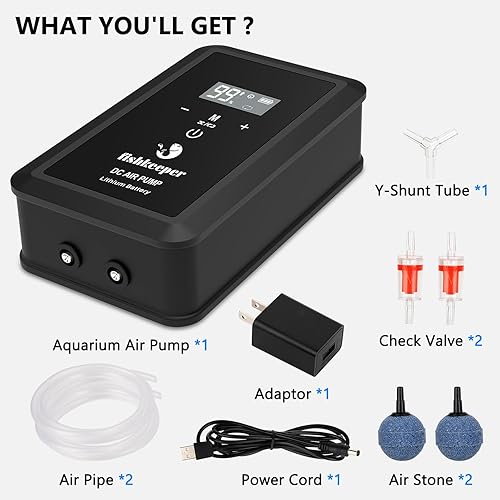 Miniatura 9 de fishkeeper Bomba de aire recargable para acuario, bomba de aire ultra silenciosa para tanque de peces de 8 W 130 GPH para tanques de 10 a 120