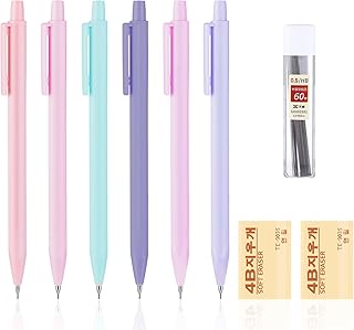 Bewudy 6PCS Pastel Mechanical Pencil Set, 0.5mm Cute Mechanical Pencils with 60PCS HB Lead Refill & 2PCS Eraser, Artist Pencil Aesthetic Pencils for Girls Writing, Sketching(0.5mm)