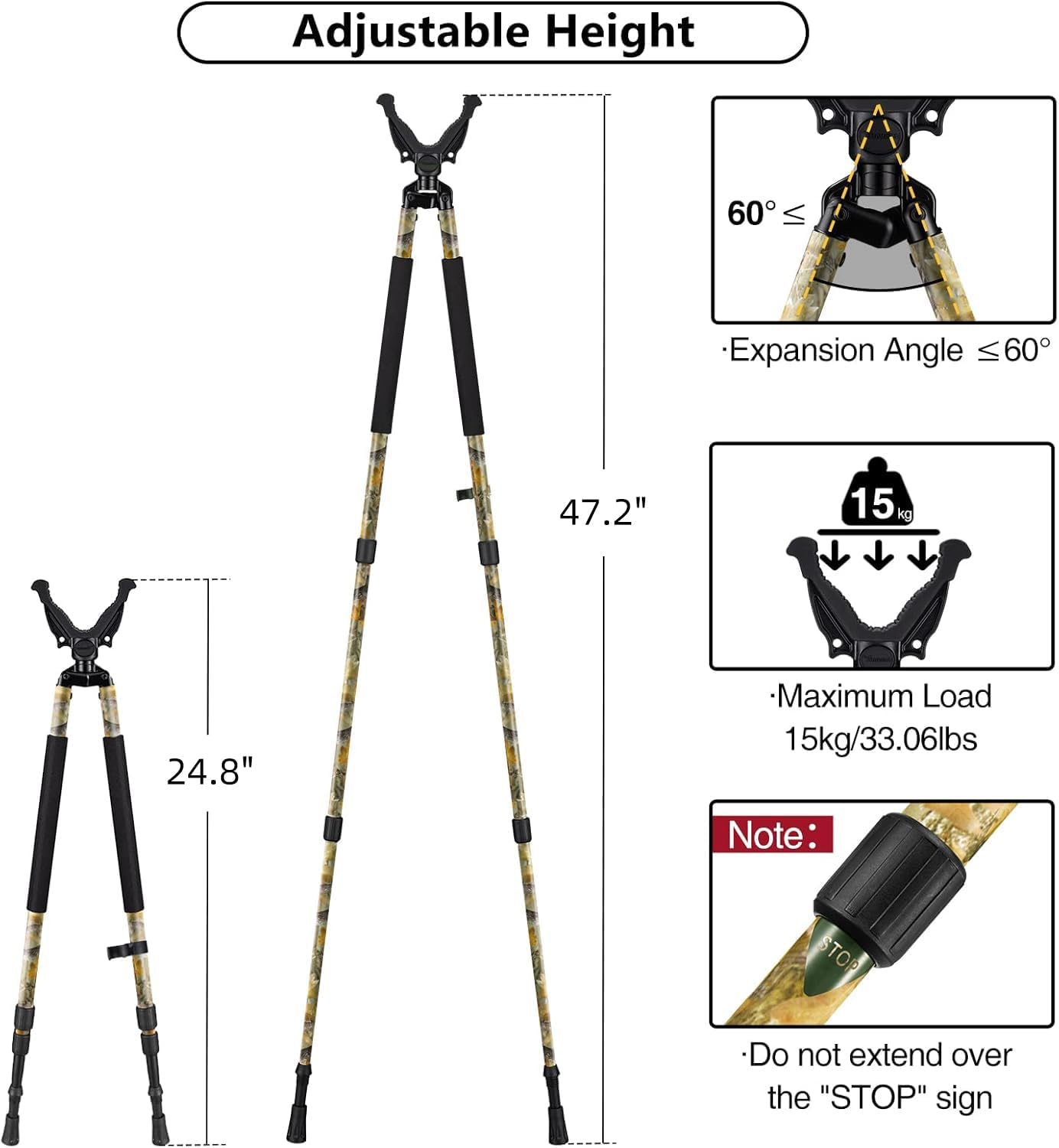 Trakiom Hunting Bipod, Shooting Tripod, Adjustable Shooting Bipod with 360° V Yoke Rest, Twist Lock, Lightweight Aluminum Frame, High Density Foam Handle and Spike Feet