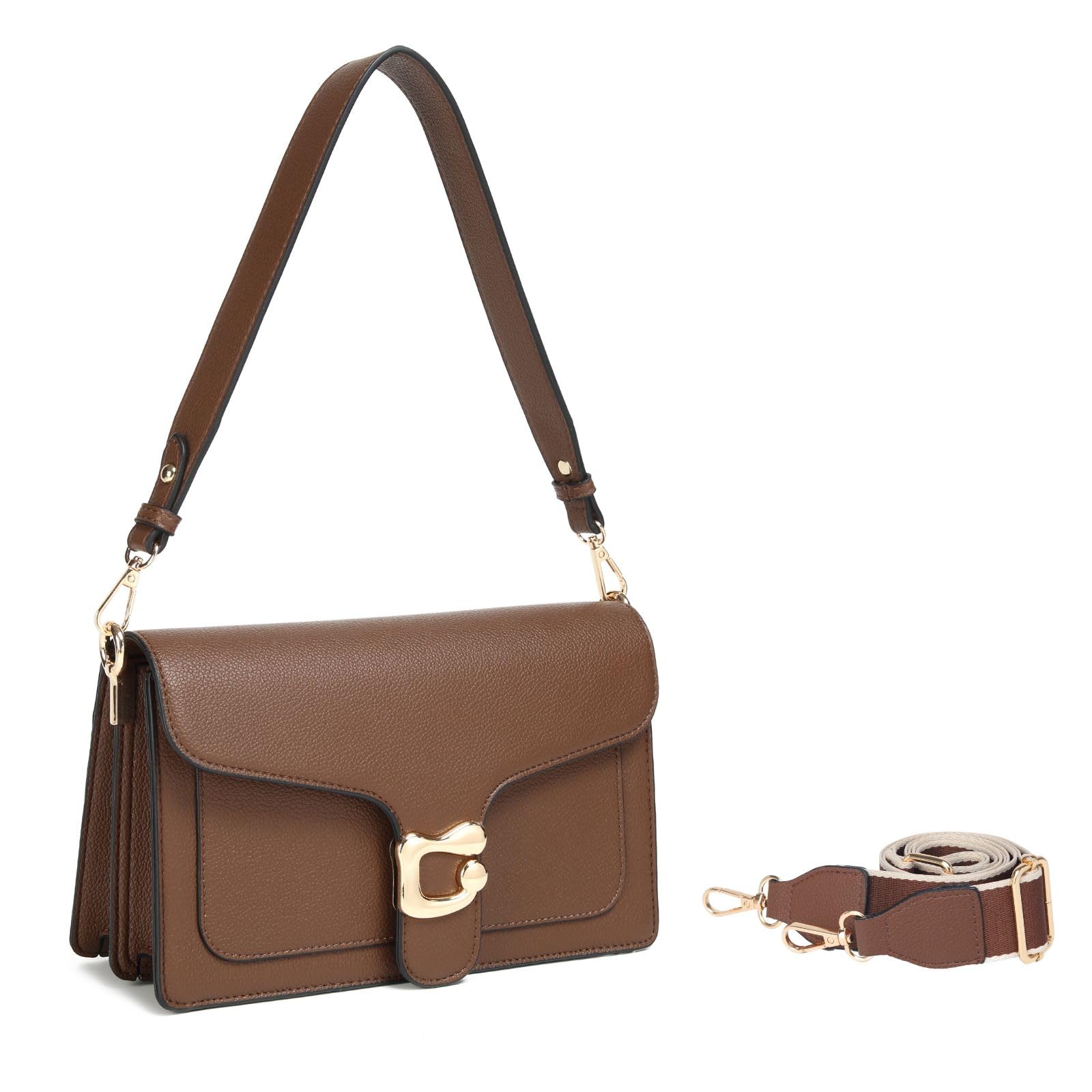 Travistar Handtasche Damen Mittelgroß Umhängetasche Damen PU Leder Crossbody Bag Damen Schultertasche Abendtasche Kupplung mit 2 Abnehmbar Breiter Gurt Kreditkartenfächer Braun