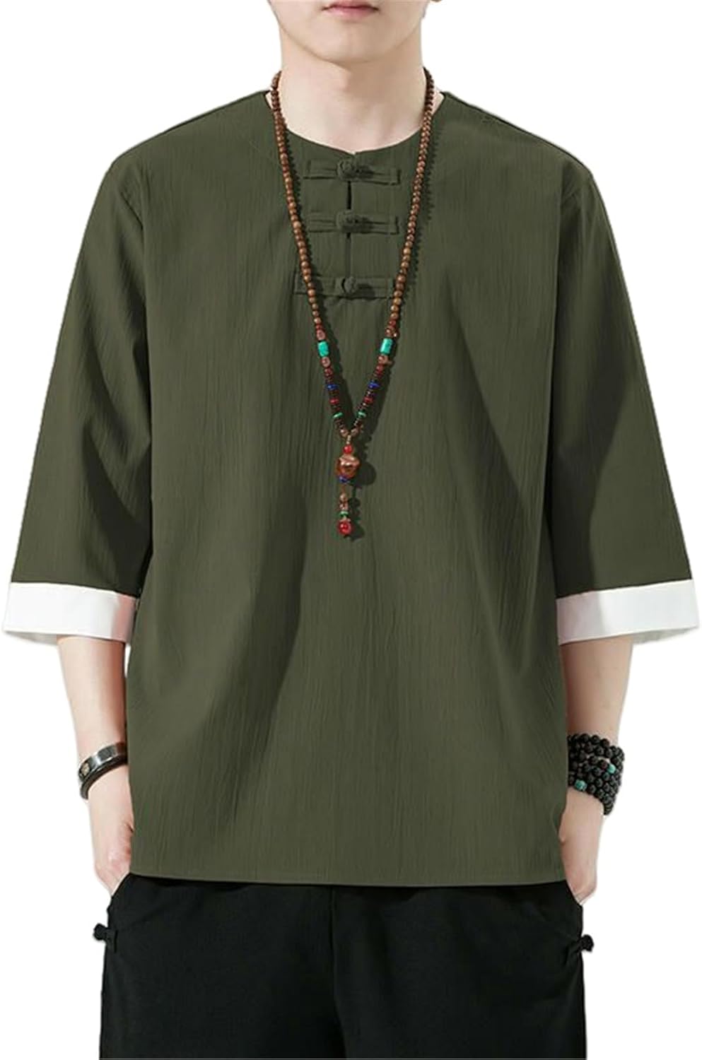 Men's Chinese Style Round Neck Ramie Color Block Ice Silk Frog Button Short Sleeve Shirt Loose Fit