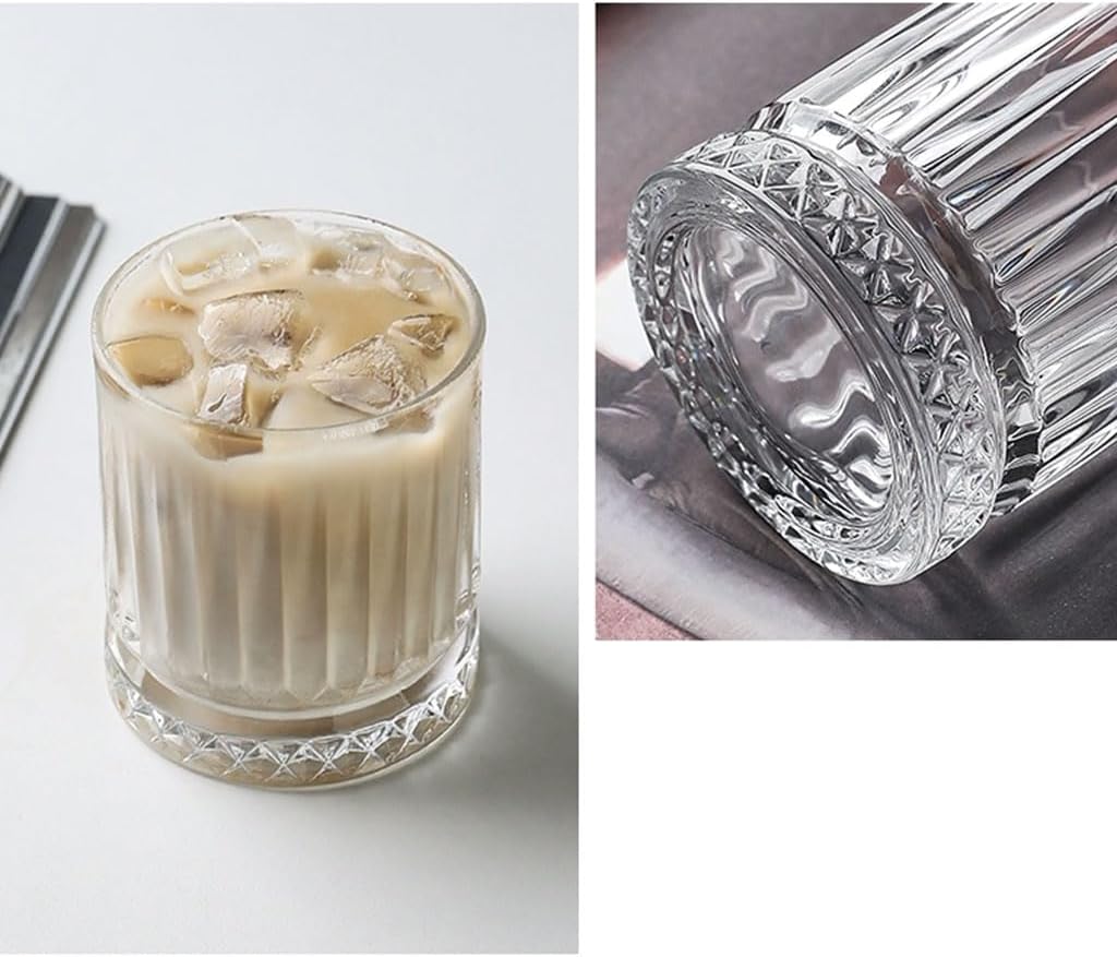 Exquisite 2 Pack Home Striped Glass Cup Ice Coffee Glasses Juice Beverage Cups Whiskey Glasses Drinking Mug Retro Glassware Set Practical