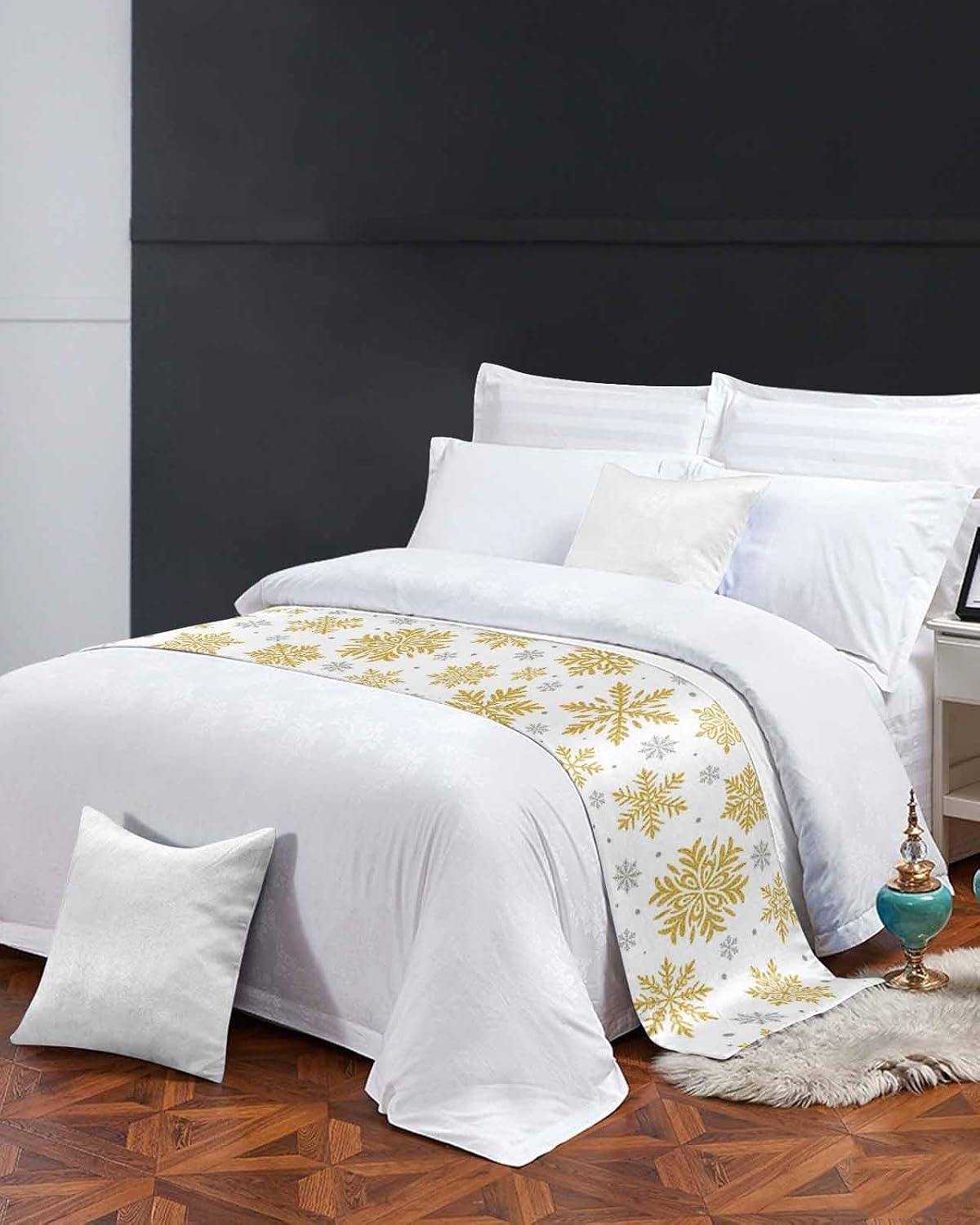 Christmas Bed Runner Scarf Full Queen Size, Winter Xmas Yellow Snowflakes Textured Luxury Bed Throw Runners & Scarves for Twin Full Queen King Foot of Bed, Bedroom Hotel Decoration, 83"x20"