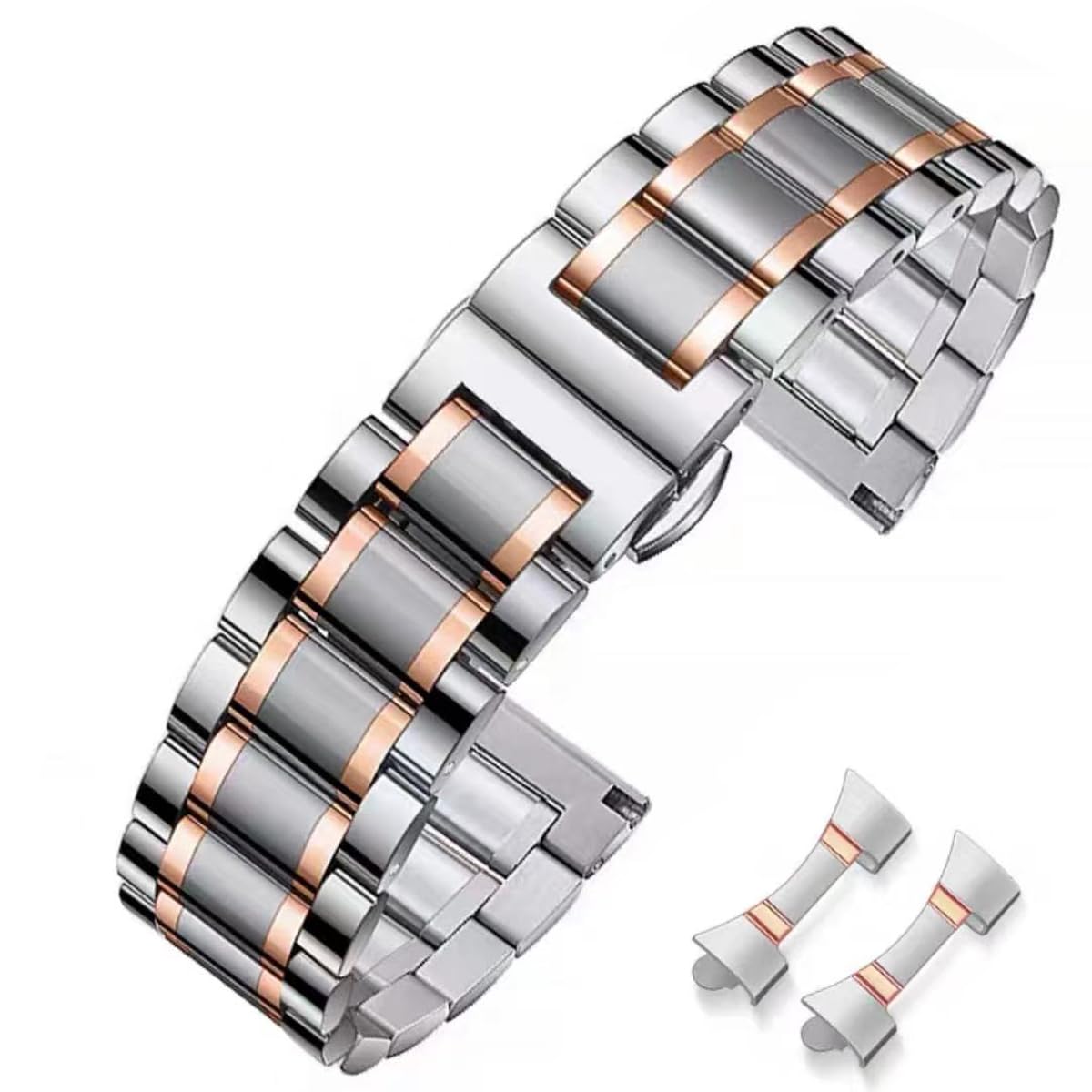 [HEYOZURY] 時計バンド ステンレス鋼 メタルバンド メタルベルト 18mm 19mm 20mm 21mm 22mm 24mm ベンドと垂直の2つのインタフェース ソリッドスチール 腕時計ベルト 交換ベルト 工具付き ゴールド ブラック シルバー