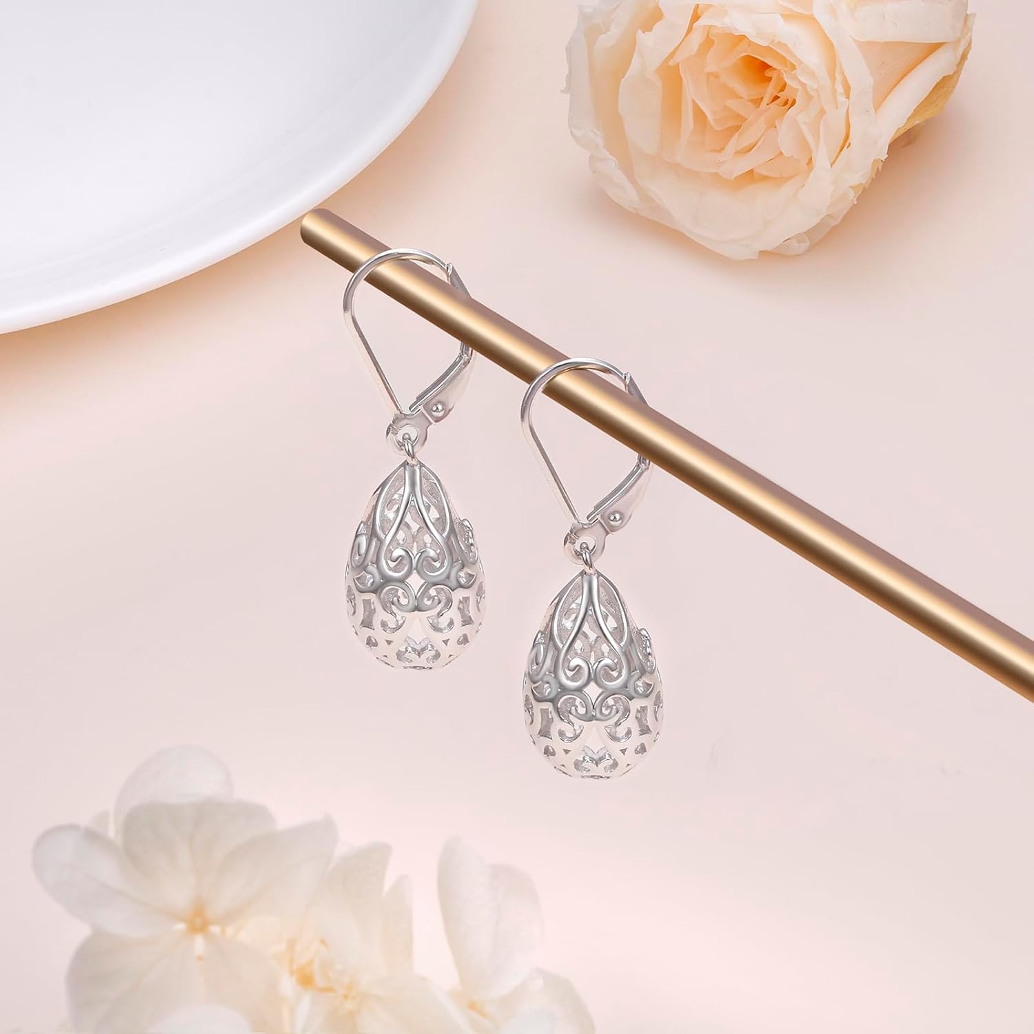 Alphm Filigree Dangle Drop Earrings 925 Sterling Silver French Style Leverback Teardrop Earrings for Women Lightweight Hypoallergenic Jewelry Valentine's Day Gifts for Wife Girlfriend - Image 3