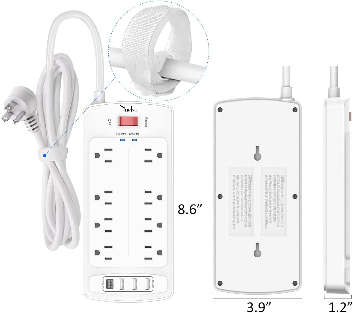 Surge Protector Power Strip - Nuetsa Flat Plug Extension Cord with 8 Outlets and 4 USB Ports, 10 Feet Power Cord (1625W/13A), 2700 Joules, ETL Listed, White