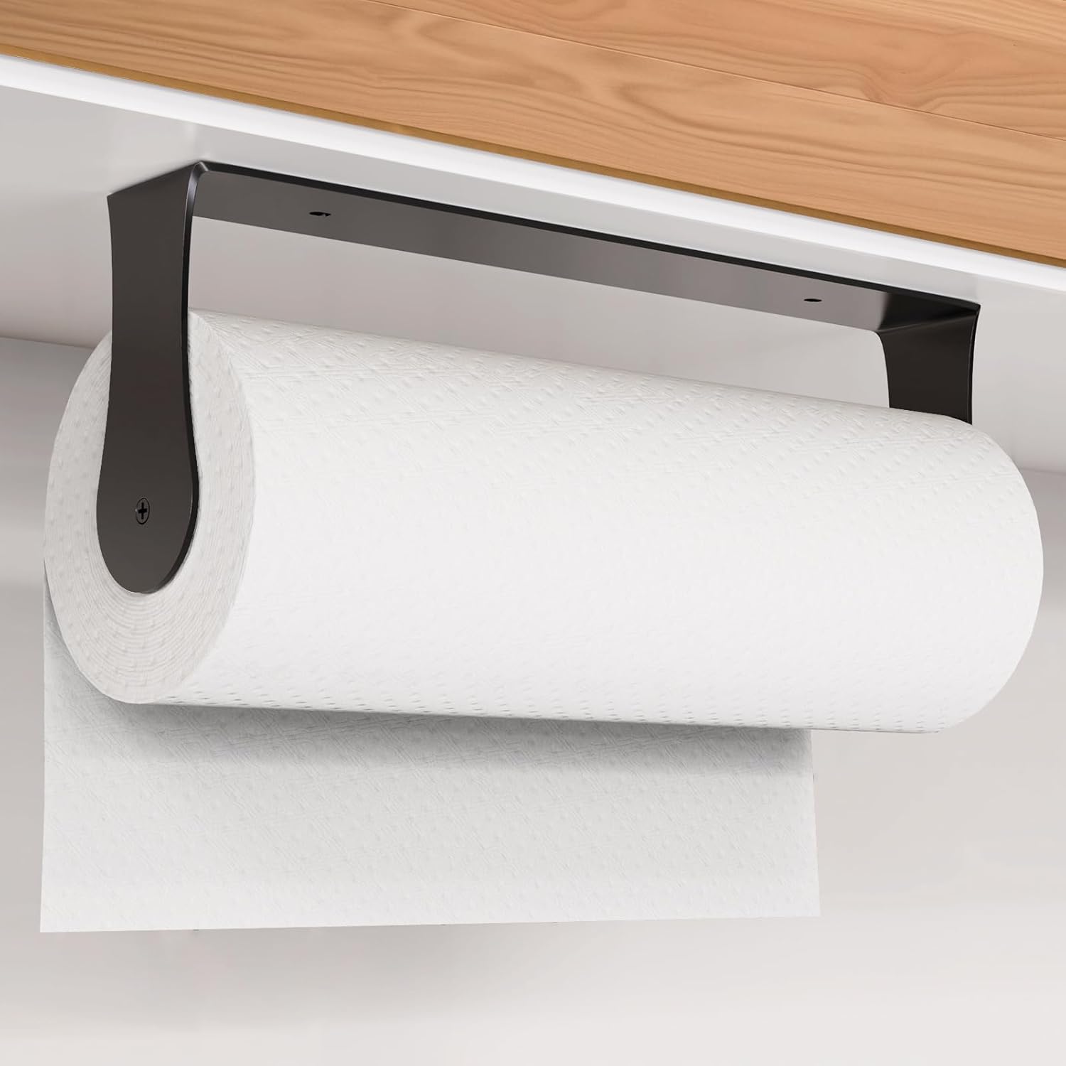 HZE Paper Towel Holder Under Cabinet, Stainless Steel, Black Wall Mount Paper Towel Holder for Kitchen and Bathroom, Adhesive or Screws Black Metal