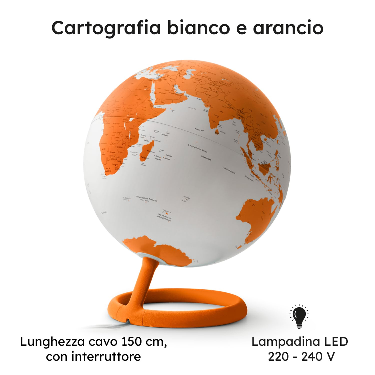 Tecnodidattica Atmosphere Evolve Velvet Corniola - Mappamondo dal Design Scandinavo con lampada a colori, Cartografia Politica in lingua inglese, Diametro 30 cm e Made in Italy