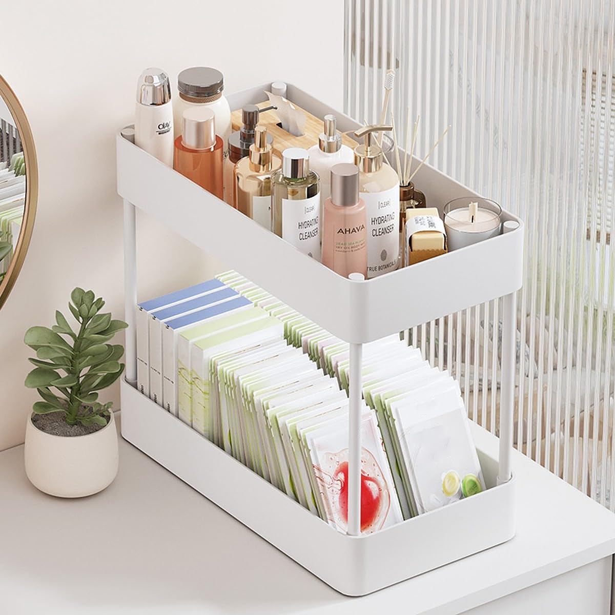 wolpin Under Sink Rectangle Organizer Storage Rack,2-Tier Plastic Holder With Hooks & Cup Holder For Kitchen Multi-Purpose Under Bathroom Cabinet Storage & Kitchen Organizer Baskets(40 X 21 X 39 Cm)